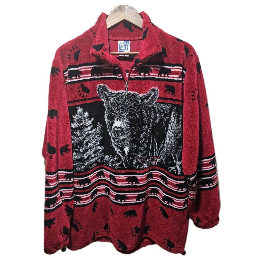 Vintage 90s Art Unlimited Men’s L Fleece Jacket Bear Forest Red Black Cabincore